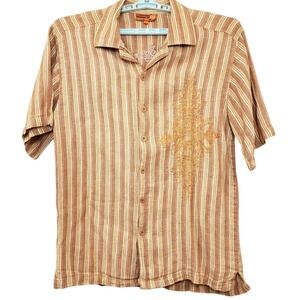 Prestige Men Size XL 100% Linen Orange Short Sleeve Button‎ Up Shirt Embroidered